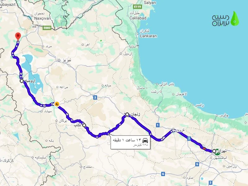 راهنمای مسیر فاصله تهران تا خوی