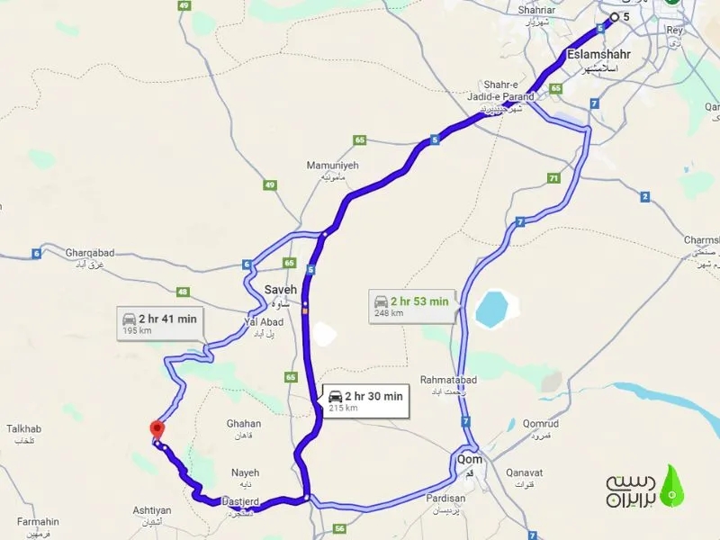 نقشه فاصله تهران تا تفرش