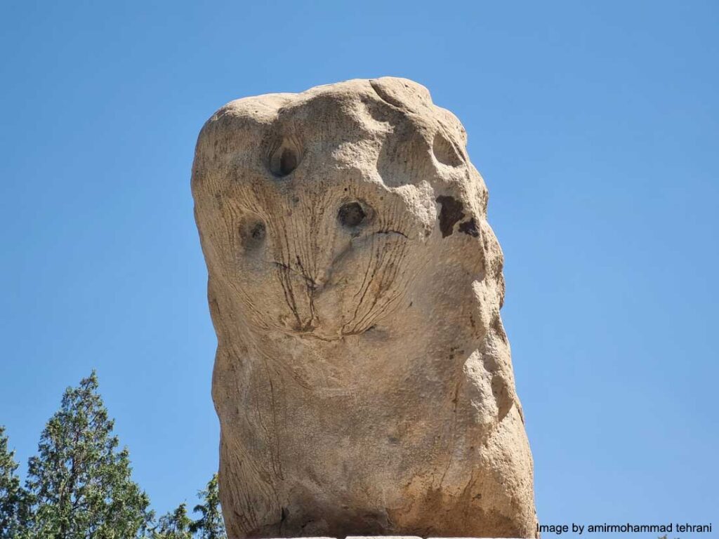 نمایی نزدکی از شیر سنگی همدان و آثار باقی مانده