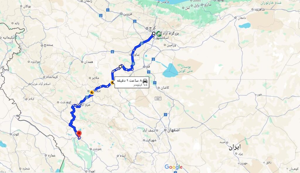 فاصله تهران تا دزفول از راه ساوه