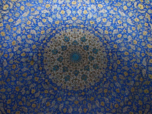 ceiling of imam mosque dome in a walking tour of Esfahan