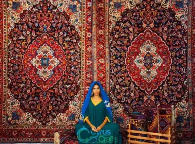 a woman sitting with persian rugs background