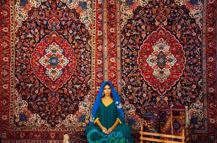 a woman sitting with persian rugs background