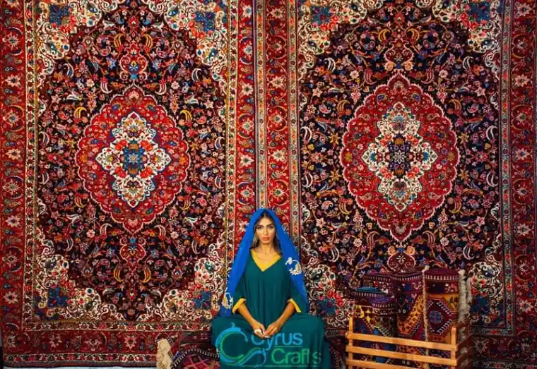a woman sitting with persian rugs background