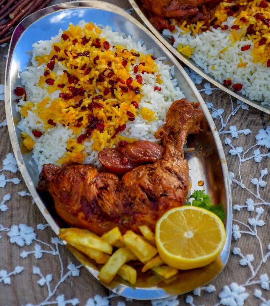 A dish of well-served Zereshk polo ba morgh