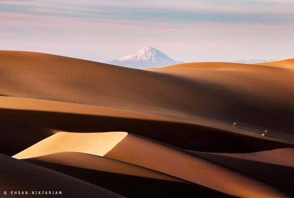 View of Damavand mountain from Maranjab Desert