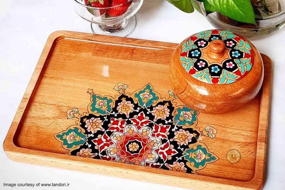 Tazhib art on wooden utensils and dishware